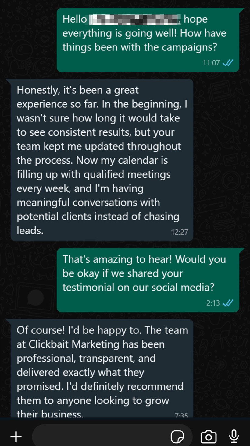 WhatsApp message from a client